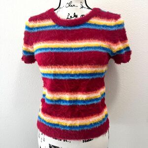 Fuzzy Horizontal Striped Top (Large) Junior Stretch Cute Funky Festival NWOT